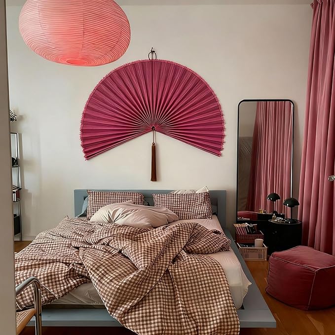 ChumDecor Fan Wall Decor,Large Bamboo Fan Wall Art for Boho Hanging Headboard,Decorative Folding Fan for Over Bed Decorations, (Pink, 48inch)