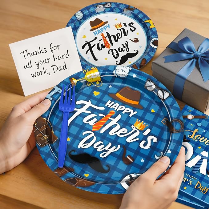 122Pcs Fathers Day Decorations, 30 Sets Paper Father's Day Plates and Napkins, Disposable 9" and 7" Happy Father Party Decorations, Rectangle Love You Dad Dinnerware for Family Dinner Dad Celebrations