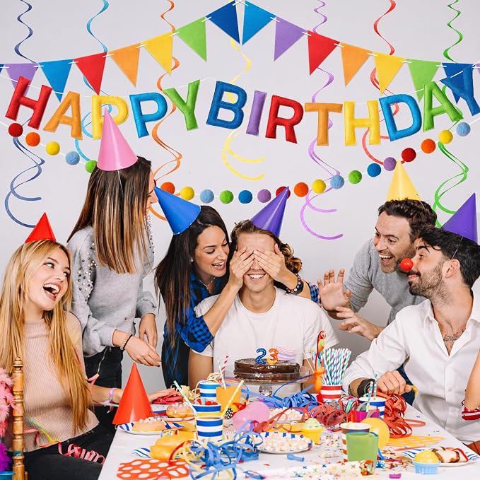 Kriyokiaa Pre-Strung Felt Happy Birthday Banner Colorful Rainbow Happy Birthday Party Decorations with Pom Pom Garland, Flag and Hanging Swrils for Women Men Boys Girls Party Decor