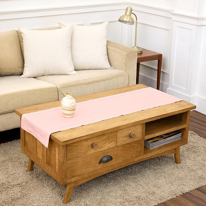 Solino Home Pink Hemstitch Table Runner 48 Inches - Cotton Linen Small Table Runner 14 x 48 Inch Ideal for Dresser and Coffee Tables - Mothers Day, Spring, Summer