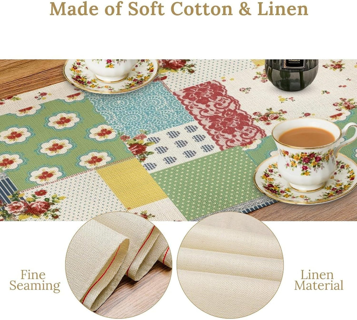 Patchwork Boho Table Runner,Vintage Colorful Floral Plaid Polka Dot Print Tablecloth Burlap for Hotel Indoors Outdoor Dining Room Kitchen Home Decor,W13X L36 in