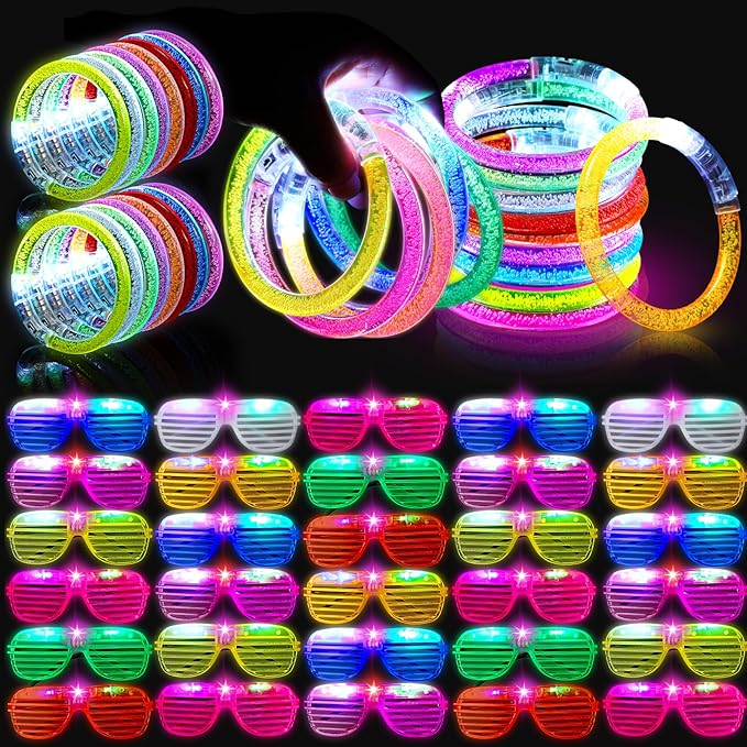 Honoson 96 Pack Glow in the Dark Party Supplies, Light up Glasses LED Bracelets, Neon Favor Flashing Bulk Gift for Adult (Rainbow Color)