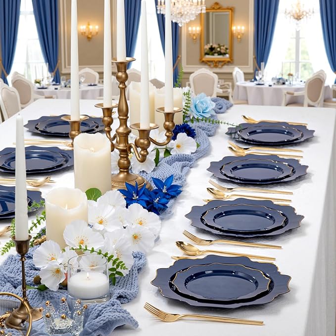 WDF 200pcs Blue Plastic Plates - Navy Blue Plates Disposable - Heavy Duty Plastic Plate for Weddings/Parties/Birthday/Graduation