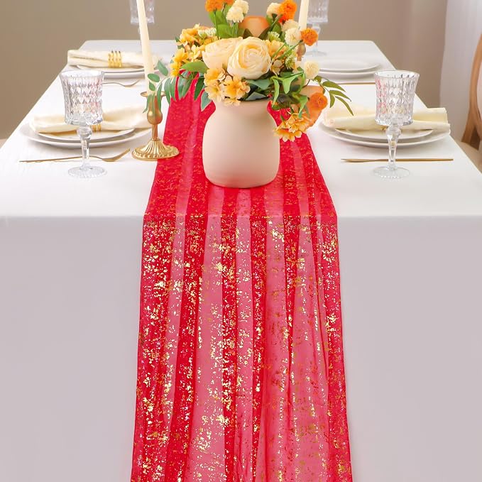 Snowkingdom Red Gold Table Runner Gauze 10FT Sparkly Sequin Glitter Sheer Chiffon Cheesecloth Runner 120 Inch Home Party Decorations for Wedding Anniversary Birthday Graduation Christmas Holiday