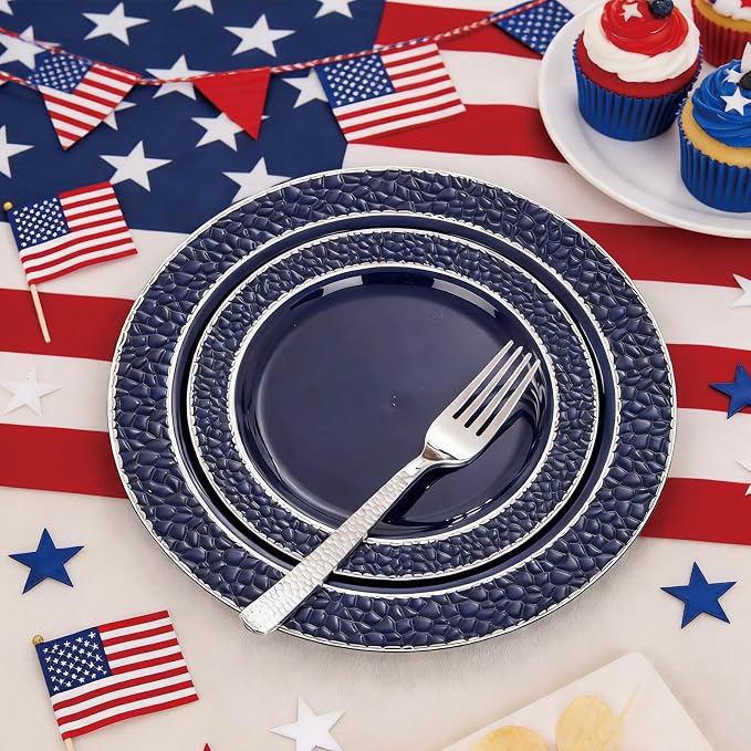 Ciaell 150 PCS Blue and Silver Plastic Plates - Blue Disposable Plate include 50 Plates, 25 Knives, 25 Forks, 25 Spoons, 25 Cups for Weddings & Party