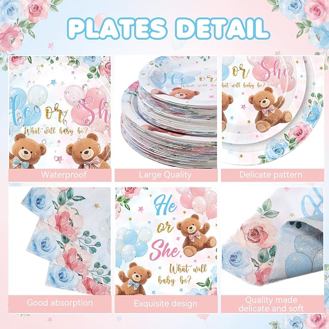 Funnymoom 250 Pcs Bear Gender Reveal Paper Plates and Napkins Party Supplies Bear He or She Blue Pink Disposable Tableware Set for Boy Or Girl Gender Reveal Baby Shower Party Decoration