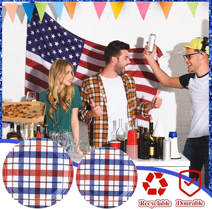 Shellwei 350 Pcs 50 Guests 4th of July Patriotic Tableware Set Red White Blue Buffalo Plaid Disposable Paper Plates, Napkins, Cups & Plastic Utensils for Independence Memorial Day Party Decorations