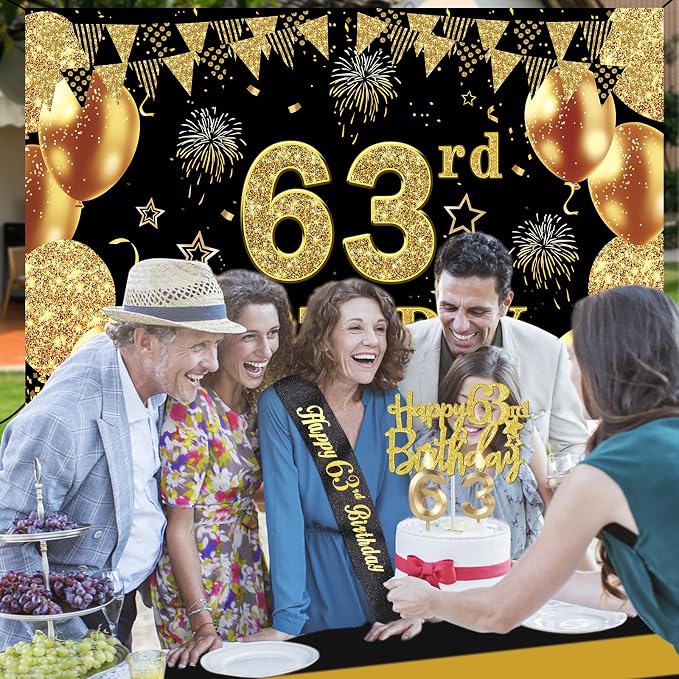 63rd Birthday Decorations Men Women with 63rd Birthday Banner, Black and Gold Table Cloth, Number Balloons, Large Sash, Cake Topper and Candles