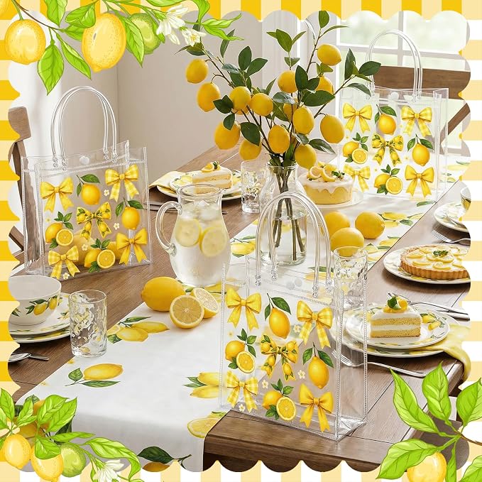 Teenyyou 24 Pcs Lemon Clear Gift Bags with Handles Yellow Bow Lemon Print Transparent Tote Bags Reusable PVC Candy Treat Gift Container for Bridal Shower, Baby Shower, Wedding, Birthday Party Favors
