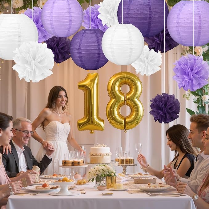 18pcs Purple Paper Lanterns Decoration Purple White Lavender Hanging Décor Pom Poms Paper Flower Party Supply for Baby Shower Wedding Valentine Birthday Party
