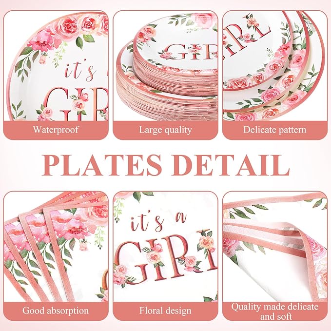 Funnymoom 250 Pcs Baby Shower Decoration for Girl, Pink Floral Paper Plates Napkins and Cups It's a Girl Baby Shower Party Tableware for Gender Reveal Spring Birthday Decorations, Serves 50