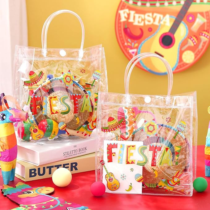 Hosuly 24 Pcs Mexican Fiesta PVC Treat Bags with Handles Reusable Fiesta Clear Plastic Gift Bags Cinco De Mayo Candy Goodie Handbags Taco Bar Favors Decor for Mexico Party Supplies