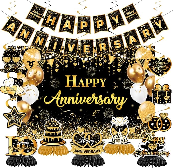 Happy Anniversary Decorations - Black Gold Wedding Party Decorations Kit, Happy Anniversary Banner, Backdrop, Hanging Swirls for Work Decorations (Black Gold)