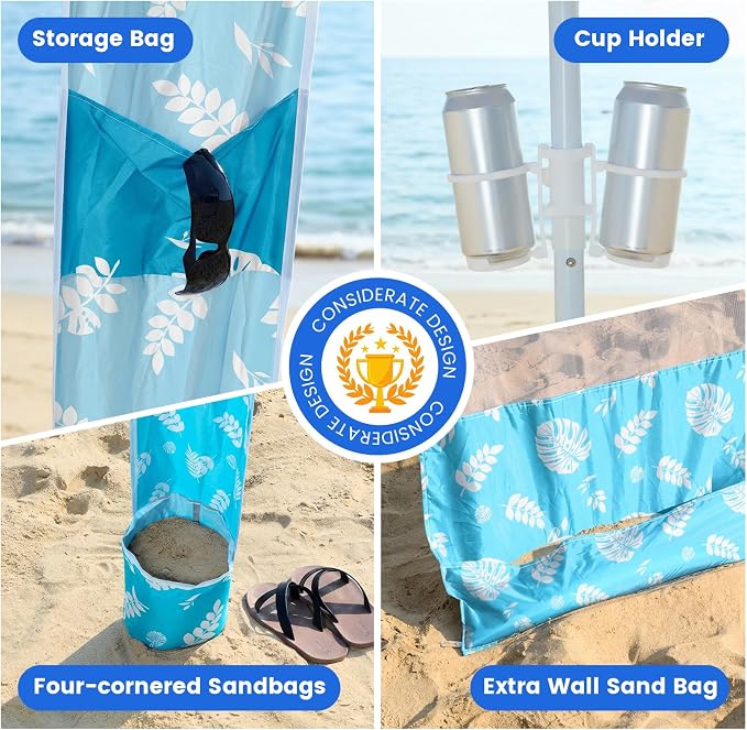 Zeraty Beach Cabana 8'×8', Portable Beach Canopy with Side Wall, UPF 50+ Silver-Coated Beach Tent Sun Shelter Easy Pop Up, Wind Resistant Adjustable Height Beach Umbrella Tent for Family, Lagoon