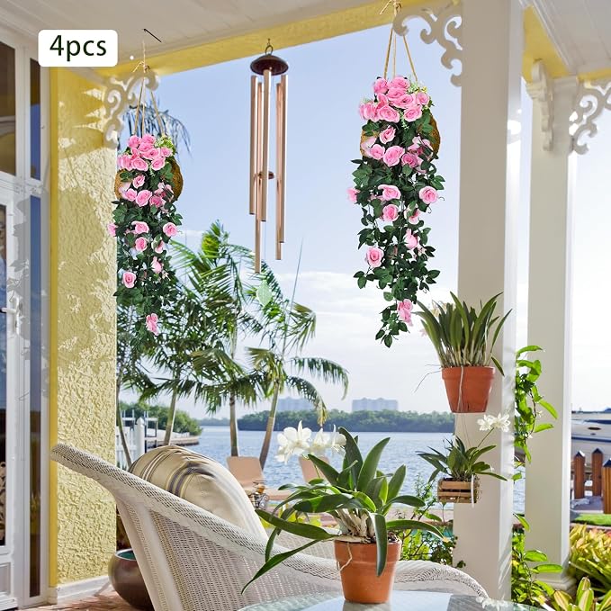 RECUTMS Artificial Pink Roses Fake Hanging Flower Plants, 4 PCS 37 Inch Silk Floral Ivy Garlands for Outdoors Home Room Garden Wedding Bridal Shower Friendship Valentine’s Day Indoor Party Decoration