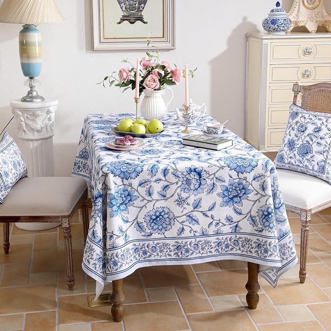 ISAENNE Designer French Linen Square Large Tablecloth,67"x67"-BlueWilow | Chinoiserie Vintage Elegant Table Cloth,Blue Floral Pattern,Beautiful,Dining Room,Kitchen,Tea Party,Thanksgiving,Decor