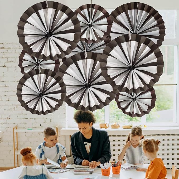9Pcs Wagon Wheel Western Cowboy Party Decorations Straw Hay Bales Paper Fans Hanging Ceiling Wall Decor for Wild Cowboy Themed Rodeo Farm Birthday Party Supplies
