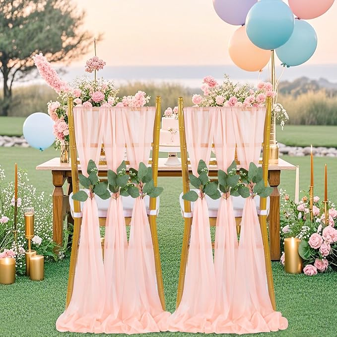QueenDream Blush Chair Sashes Wedding Aisle Decorations: 16 Packs Tulle Draping Fabric Sheer Church Chair Cover Bulk for Baby Shower Party Banquet