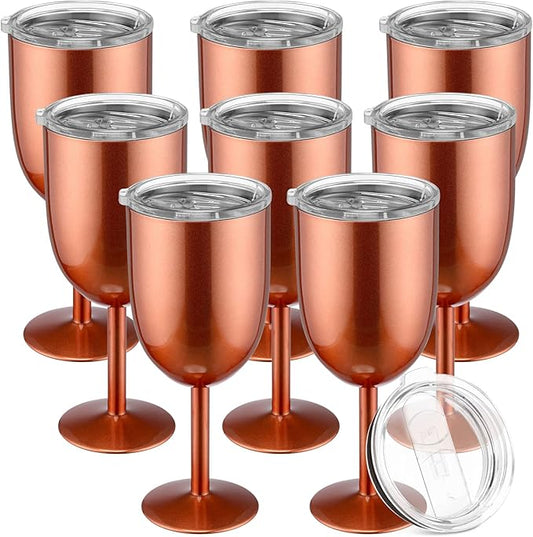 Yinder 8 Pcs Stemmed Stainless Steel Wine Glasses, 12 oz Stainless Wine Goblet with Lids Double Wall Insulated Unbreakable Goblets Insulated Stem Tumbler for Friendship Birthday Party (Rose Gold)