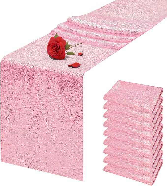 10 Packs 12 x 72 inches Pink Sequin Table Runner, Glitter Runner for Birthday Party Supplies Wedding Holiday Celebration Baby Shower Engagement Anniversary Decor