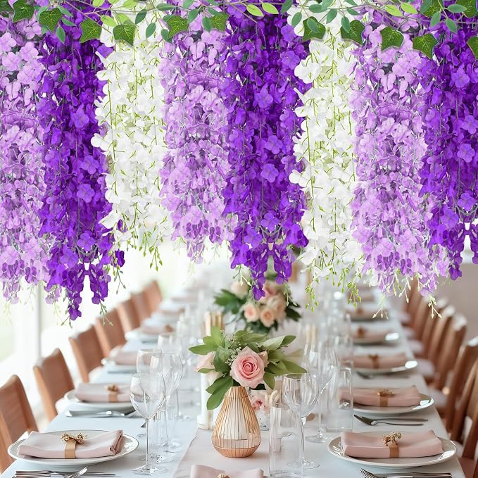 LELEE 25 Pcs Artificial Wisteria Hanging Flowers 3.6ft Purple&Lavender&White Fake Hanging Flowers Garland Silk Flowers Rattan String Faux Wisteria Vine for Wall Wedding Party Arch Greenery Backdrop