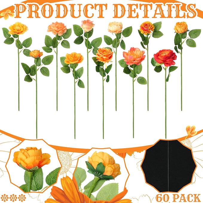 Lyrow 60 Pack Burnt Orange Rose Artificial Flower Hanging Flowers Ornament Floating Garland Ceiling Rose Vine for Wedding Anniversary Engagement Marriage Proposal Floral Birthday Party Fall Decor