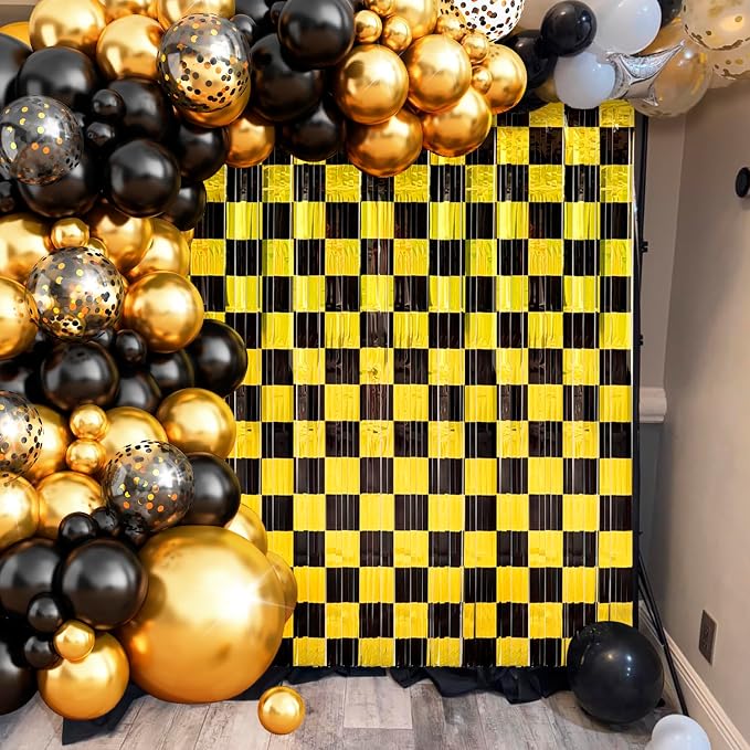 Graduation Balloon Garland Arch Kit Birthday Party Decorations, Black Gold Fringe Backdrop Tinsel Streamers Photo Booth Prop for Graduation Prom Wedding Anniversary Retirement Party Decor Supplies