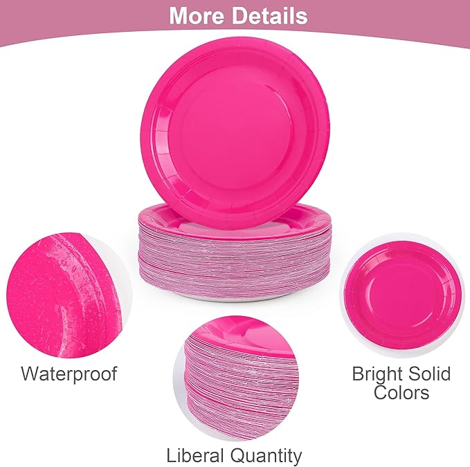 Breroa 72 Pieces Hot Pink Paper Plates 7 Inch Bulk Paper Plates Disposable Round Dessert Plate Heavy Duty Solid Color Plate Table Decors Party Supply for Birthday Party, Dinner Table, Wedding