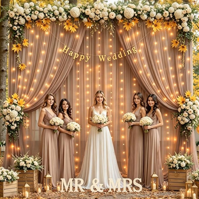 10ft x 10ft Taupe Chiffon Backdrop Curtain with Lights String for Parties,2 Panels Sheer Tulle Curtain Wedding Backdrop for Baby Shower Birthday Party Ceremony Reception Home Decorations
