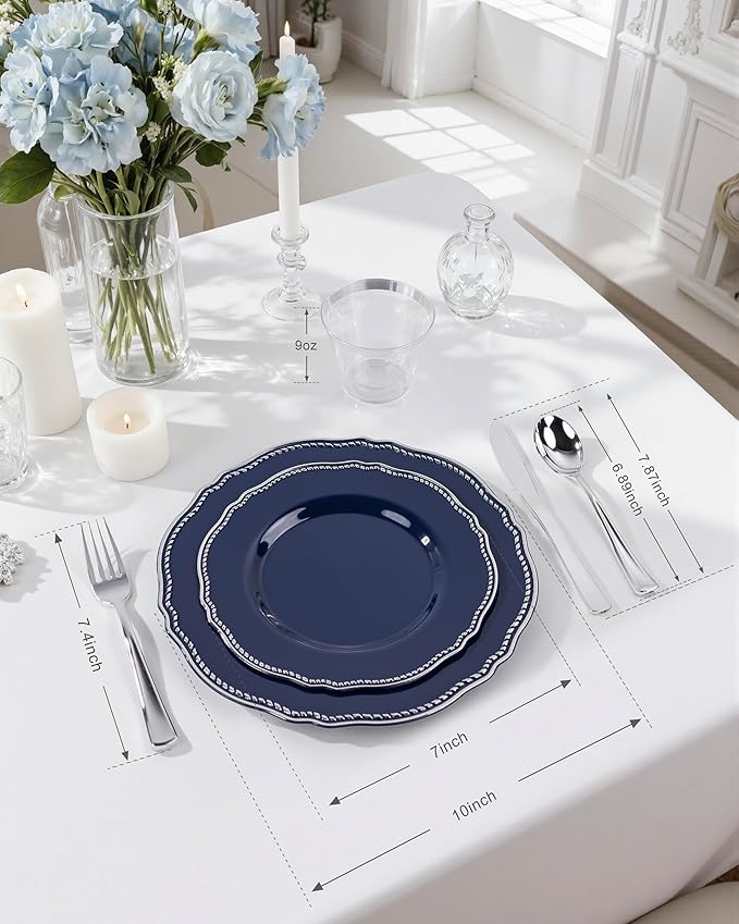 Hioasis 175pcs Blue Silver Plastic Plates - Silver Plastic Dinnerware Set Includes 25 Dinner Plates, 25 Dessert Dinnerware, 25 Cups, 25 Napkins Perfect for Wedding & Party
