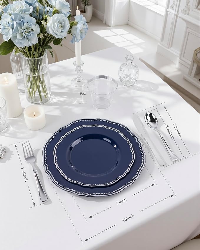 Hioasis 350pcs Blue Silver Plastic Plates - Silver Plastic Dinnerware Set Includes 50 Dinner Plates, 50 Dessert Dinnerware, 50 Cups, 50 Napkins Perfect for Wedding & Party & 4th ofJuly