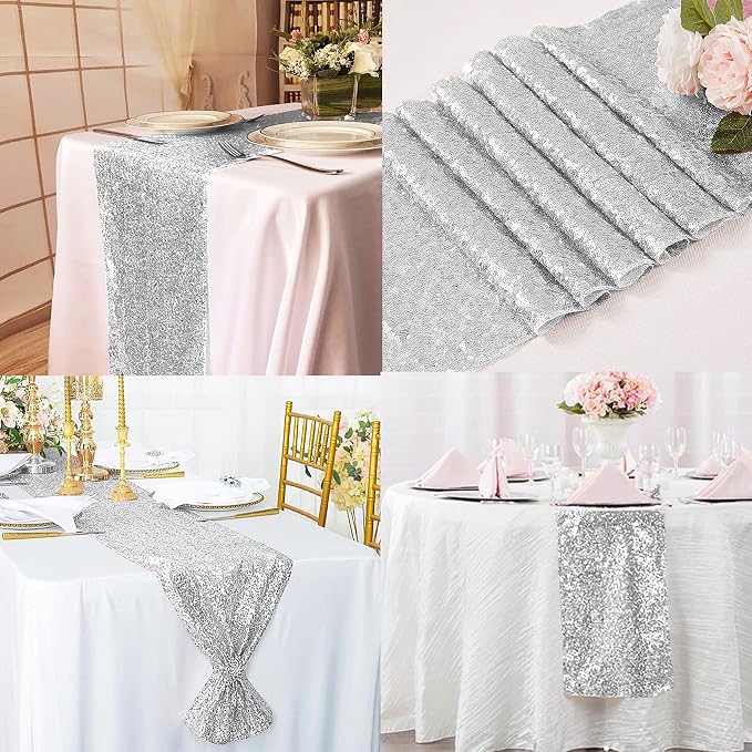 12 Packs 12 X 108 Inch Silver Sequin Table Runner Glitter Dining Table Runner for Birthday Wedding Engagement Bridal Baby Shower Bachelorette Holiday Celebration Party Supplies Decorations (Silver)
