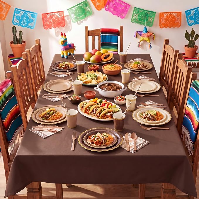 Vesici 452 Pcs Brown Party Supplies Set Gold Rim Disposable Tableware with 9'' 7'' Paper Plates Napkins Tablecloths 9oz Cups Cutlery Straws Neutral Party Decorations for Birthday Wedding Baby Shower