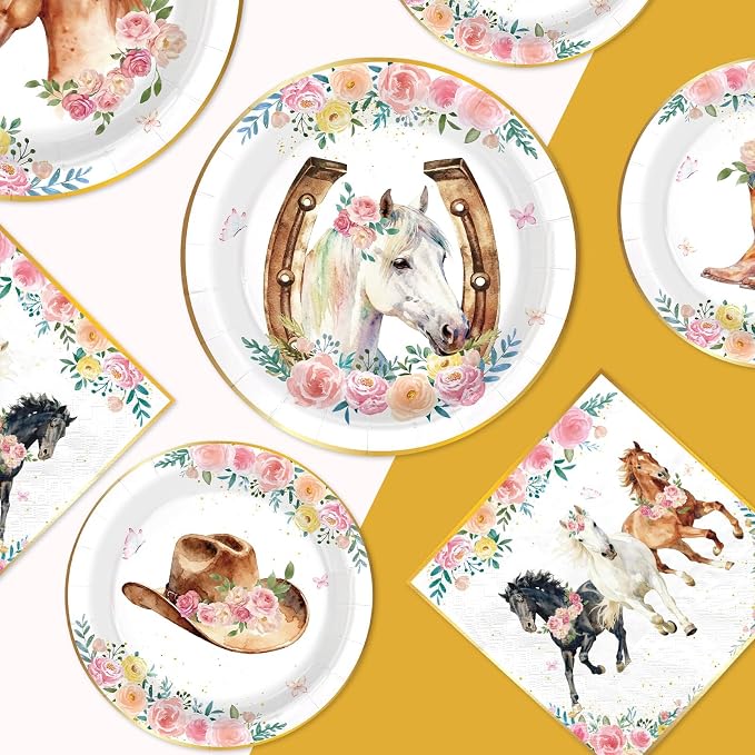 200Pcs Western Horse Party Supplies Cowgirl Theme Plates and Napkins Pink Floral Horse Disposable Paper Tableware Set for Girl Birthday Baby Shower Rodeo Event Bachelor Party Decor Serves 50