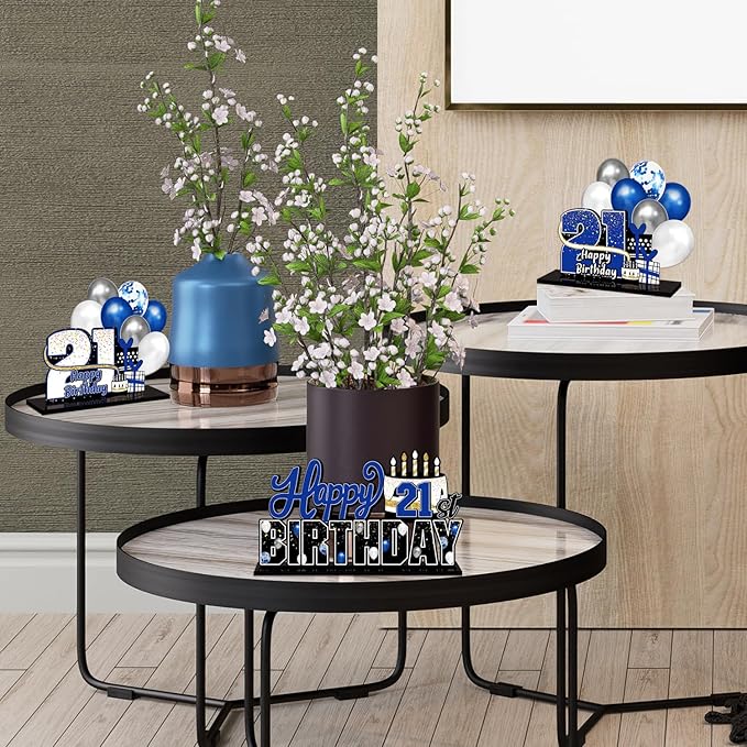 LINGTEER Happy 21st Birthday Blue Acrylic Table Topper Centerpieces Set - Cheers to 21 Years Old Birthday 21st Bday Party Gift Decorations.