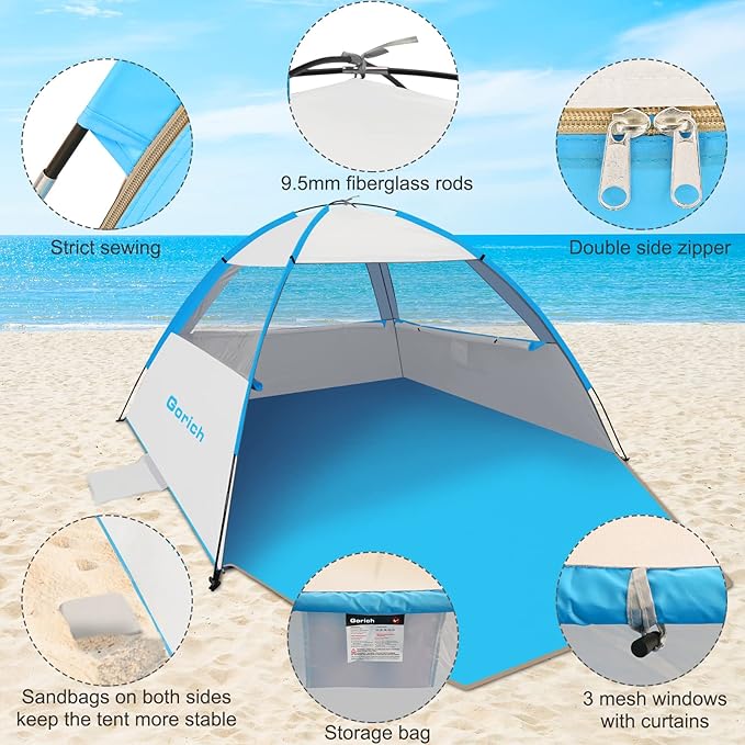 Gorich Beach Tent Sun Shelter for 3/4/6/8/10 Person with UPF 50＋ UV Protection, Lightweight & Easy Setup Beach Shade Canopy, Portable Beach Shade Tent Beach Cabana