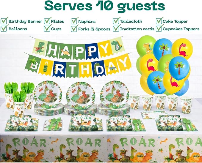 Dinosaur Birthday Party Decorations Set – 119 PCS Dino Theme Party Supplies for Kids, Banner, Balloons, Plates, Cups, Napkins, Tablecloth, Invitations & Cake Toppers