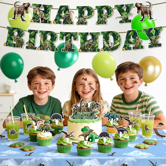 Dinosaur Birthday Party Decorations for Boys, Dino World Birthday Decorations Include Dinosaur Balloons, Banner, Backdrop, Cake Topper, Stickers for Kids, Tablecloth for Dinosaur Themed Party upplies