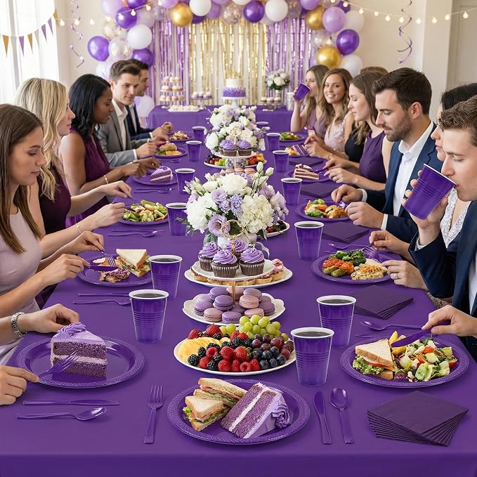 352 Pcs Purple Plastic Plates Party Set, 50 Guests Disposable Dinnerware Set with Deep Purple Tablecloths, Royal Deep Purple Plastic Plates Party Set for Wedding/Luxury Banquet/Anniversary/Gala