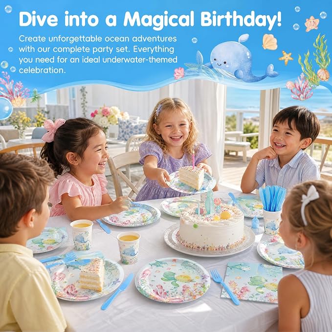 120PCS Under the Sea Party Supplies for Ocean Theme Baby Shower Birthday Party Underwater World Creatures Decorations Ocean Sea Animal Plate Cup Napkin Knives Forks for 20 Guests