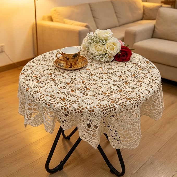 USTIDE 100% Cotton Handmade Crochet Square Tablecloth Beige Doilies Lace Table Covers 31.5 Inch