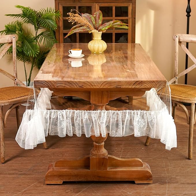 ARTABLE Vinyl PVC Rectangle Tablecloth Waterproof Clear Table Cover with Champagne Lace Macrame Border for Wedding Kitchen Home Outdoor Indoor Holidays Party Decor (Offwhite-1, 60 x 120 Inch)
