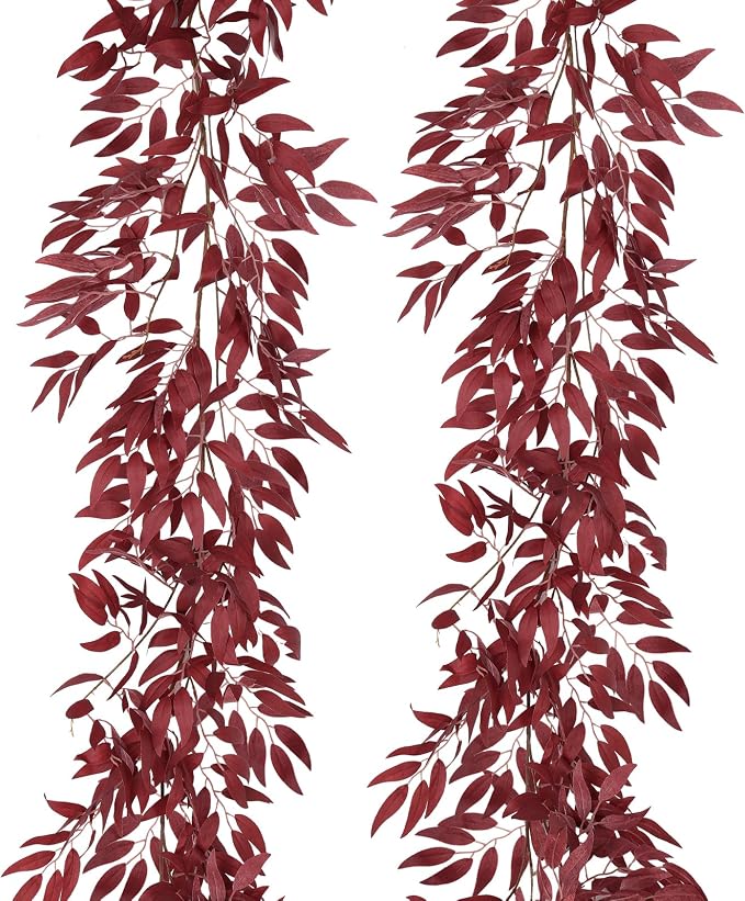 RECUTMS Artificial Hanging Willow Leaves Vine Twigs 2Pcs 5.9Ft Fake Silk Burgundy Leaf Ivy Fall Garland Faux Greenery Indoor Outdoor Valentines Day Wedding Birthday Christmas Thanksgiving Party Decor