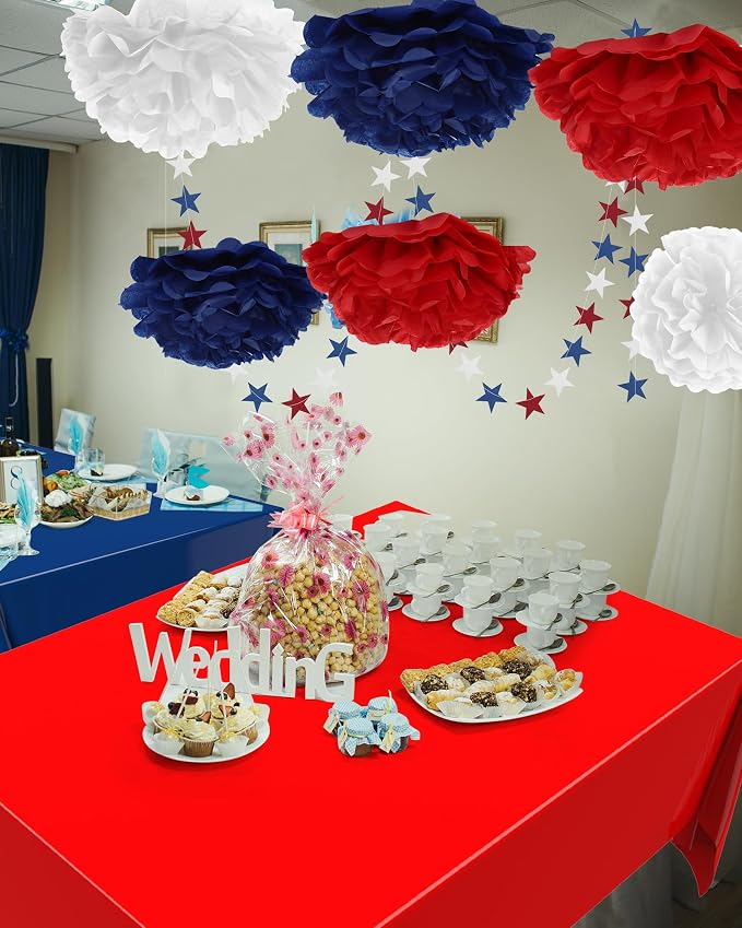 27 Pcs 250th Anniversary Party Decoration, 6 Pcs Disposable Tablecloth 21 Hanging Paper Fan, Pom Poms Flower, Garland String Polka Dot and Triangle Flag Set for 4th of July Patriotic Independence Day