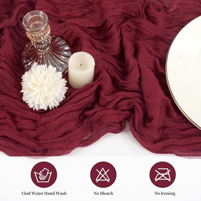 20 Pack Cheesecloth Table Runner 17 x 108 inch Long Boho Gauze Table Runners Semi Sheer Table Runner for Wedding Decor, Baby Shower, Birthday Party, Banquet (Burgundy)
