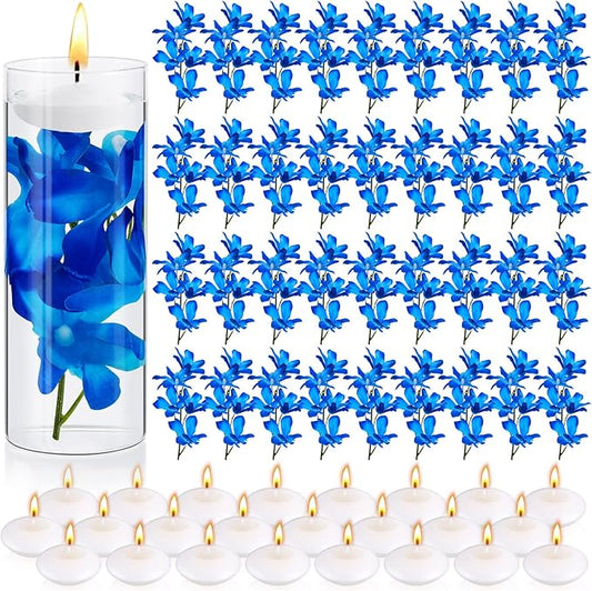 Hanaive 72 Pcs Blue Orchids Artificial Flower Vase Fillers for Floating Candles Wedding Table Centerpiece Blue Orchid and Unscented Floating Candles for Wedding Table Christmas Party Home Decoration