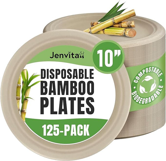 Paper Bamboo Plates Disposable (125-Pack, 10-inch) | Sturdy & Microwave Safe | Compostable Paper Plates Disposable Heavy Duty | PFAS Free, Biodegradable | FSC Certified Alternative to Plastic