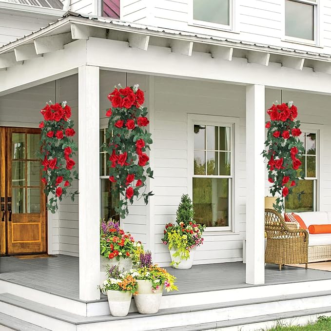 RECUTMS Artificial Red Roses Fake Hanging Flowers Plants, 2PCS 37 Inches Silk Floral Ivy Garland for Indoor Outdoors Home Garden Front Door Porch Wedding Derby Party Arch Valentines Greenery Decor