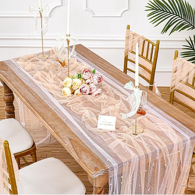 6 Pieces Pearl Tulle Table Runner: 10ft Tulle Table Runners Champagne Fabric for Wedding Chiffon Arch Bridal Veil Baby Shower Sweetheart Table Decor 29x120 Inch