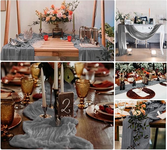 8 Pack Grey Cheesecloth Table Runner 10Ft Gauze Cheese Cloth 35x120 Inch Boho Table Runner Romantic Table Cloth Table Cover for Wedding Bridal Baby Shower Birthday Party Engagement Fall Table Decor